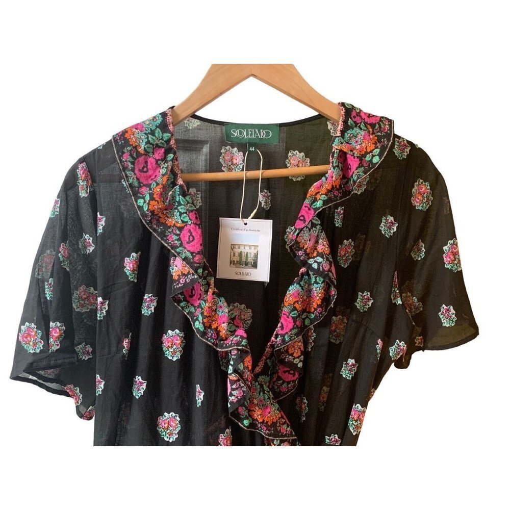 Soleiado Paris NWT Womens Black Paoline Pompadour Wrap S/S Dress EU 44 L US14 - Picture 10 of 16